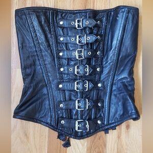 Black Soft Leather Overbust Corset with buckle front SZ 26-28 C-D Cup